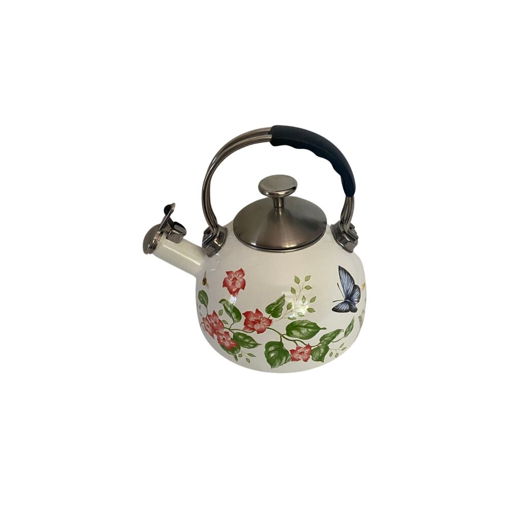 Lenox Butterfly Meadow Enamel Tea Kettle 2.5 Qt Whistling Floral New